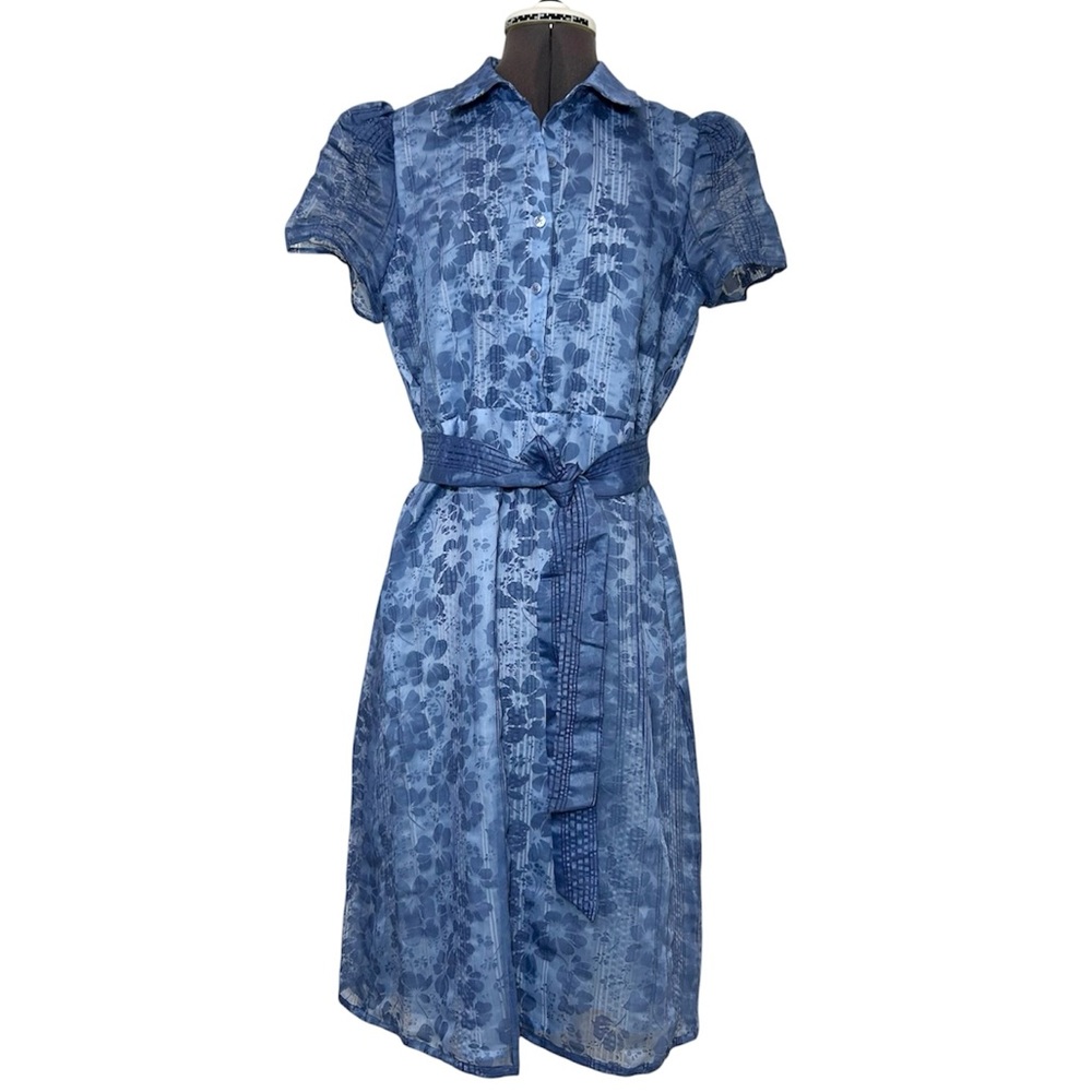 THE LIMITED Puff Sleeve Midi Lined Pockets Elastic Back Waist Blue Shirtdress M